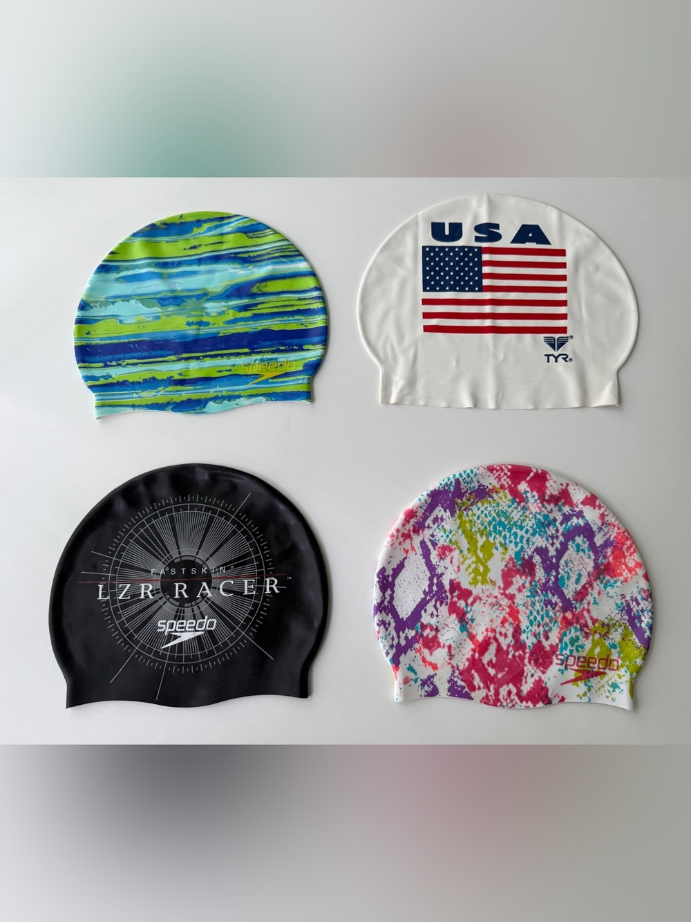 4 Swim Caps – 3 Silicone Junior Speedo + TYR Adult Latex Cap